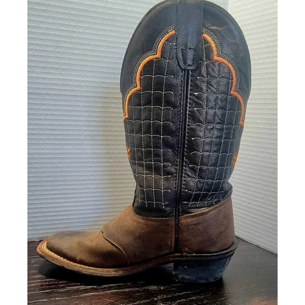 Old West Boy's Boots Size 2.5 D Brown Leather BSC1865 Plaid Top Orange